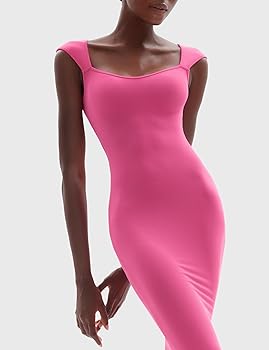 PUMIEY Women's Square Neck Cap Sleeve Maxi Dress Ribbed